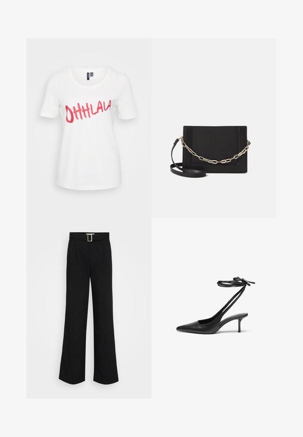 White cotton T-shirt with short sleeves, featuring glittery red text "OHHLALA" across the front in a playful cursive font.; Black wide-leg trousers made of lightweight fabric, featuring a smooth texture, front pleats, and a belt with a square metal buckle.; Black leather stiletto shoe with a pointed toe, open back, and ankle straps tied in a bow. Slim 3-inch heel. Smooth texture, minimalist design.; Black leather crossbody bag featuring a smooth texture, rectangular shape, and a metallic chain detail on the front. Adjustable strap included.