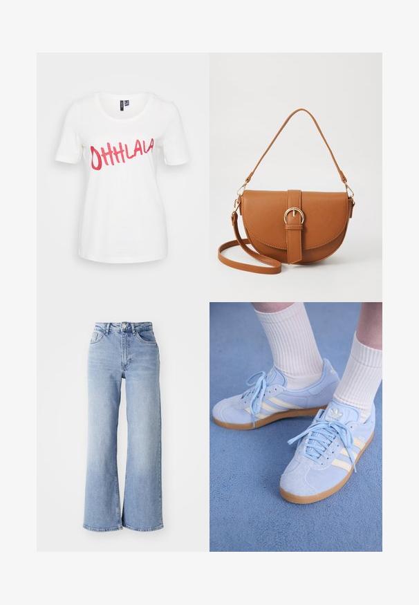 Valkoinen puuvillateepaita lyhyillä hihoilla, jossa on kimaltelevaa punaista tekstiä "OHHLALA" edessä leikkisällä kursiivilla.; Vaaleansiniset korkeavyötäröiset leveälahkeiset farkut, joissa on etu- ja takataskut, nappikiinnitys ja hillitty haalistuminen reisissä ja helmassa.; Vaaleansiniset nahkaiset lenkkarit, joissa on valkoiset raidat, litteät nauhat ja kumipohja. Raitalongat valkoiset sukat ovat käytössä nilkan yläpuolella.; Ruskean nahkainen olkalaukku, jossa on kaareva muoto, kultaiset yksityiskohdat ja solkiyksityiskohta. Varustettu irrotettavalla olkahihnalla.