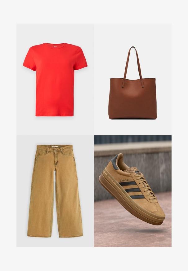 Červené krátke bavlnené tričko s krátkym rukávom a okrúhlym výstrihom, s voľným strihom a bielym logom "GAP" v strede výstrihu.; Široké hnedé denimové nohavice s vysokým pásom, s predným zapínaním na gombík, piatimi vreckami a mierne vyblednutým vzhľadom.; Svetlé semišové tenisky s hladkým povrchom, obsahujúce tri tmavé pruhy, zaoblenú špičku a hrubšiu podrážku so vzorovaným okrajom.; Hnedá kožená taška na rameno s hladkou textúrou, otvoreným vrchom a dvoma ramenými popruhmi. Má minimálne šitia a žiadne viditeľné kovania.