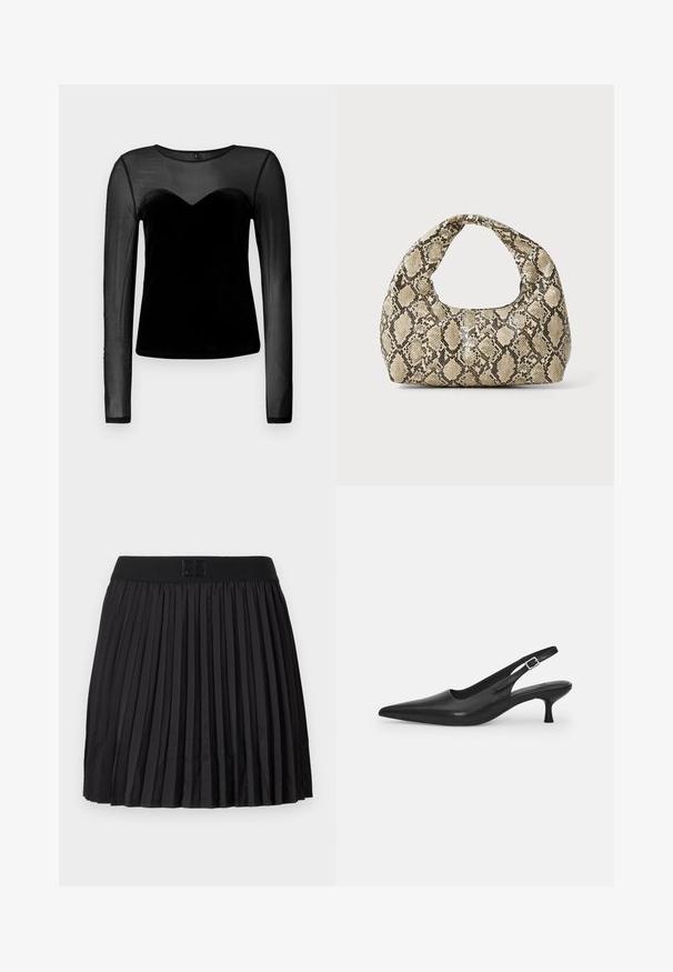 Schwarzes Langarmoberteil mit transparentem Netzgewebe an den Ärmeln und der oberen Brust sowie festem Samtmaterial am Oberkörper.; Schwarzer gefälteter Rock mit glatter Textur, ausgestattet mit einem einfarbigen schwarzen Bund und einem eingeprägten Logodetail auf der Vorderseite.; Schwarzer Leder-Slingback-Schuh mit spitzer Zehenform und schmalem, geschwungenem Absatz. Verfügt über einen unauffälligen verstellbaren Riemen mit einer Metallschnalle.; Schlangenmuster-Tasche mit einem gebogenen Griff. Hergestellt aus strukturierten, beige- und braunfarbenen Materialien, die ein markantes Diamantmuster aufweisen.