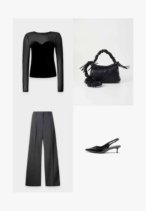 Melnas garām piedurknēm virsma ar caurspīdīgu acs audumu uz piedurknēm un augšējās krūšu daļas, un vienkāršu samta materiālu uz torso.; Platās kājas bikses tumši pelēkā audumā, ar augstu jostasvietu, ar vienu uzpūstu vīli un gludu tekstūru ar tīru apdari ap malām.; Melni ādas sandales ar norādītu pirkstu, mazu kaķa papēdi un dekoratīvu mezglu detaļu priekšā. Gluda tekstūra visā virsmā.; Melnā mākslīgās ādas rokassoma ar krokodila rakstu, savilkta augšdaļa un saburzīta siksna. Izskatās mīksta un kompakta pēc dizaina.