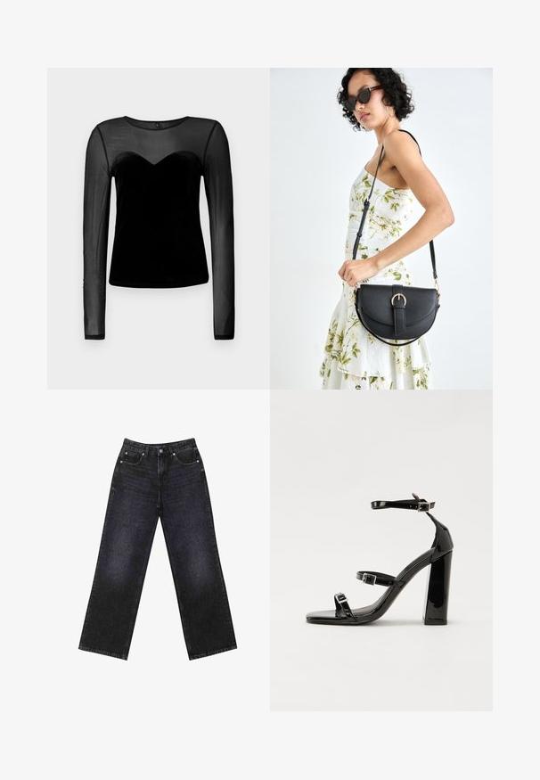 Zwart langemouwen top met doorzichtig mesh-stof op de mouwen en bovenborst, en een solide fluwelen materiaal op het torso.; Hoge taille zwarte denim jeans met een wijde pijp, vijf zakken en zichtbare stiksel. De stof heeft een gladde, licht gestructureerde afwerking.; Zwarte gepatenteerde sandalen met hak en een vierkante neus, enkelbandjes en zilveren gespen. Heeft een stevige blokhak voor stabiliteit.; Zwarte leren handtas met een gebogen vorm, afneembare schouderband en gouden hardware. De tas heeft een klep met een gespsluiting.