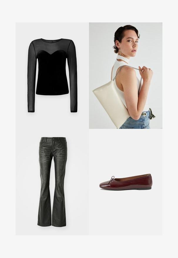 Black long-sleeve top with sheer mesh fabric on sleeves and upper chest, and solid velvet material on the torso.; Black faux leather flared jeans with front pockets, a metal button closure, and a slightly textured surface. Straight leg with a long cut.; Burgundy patent leather ballet flat with a rounded toe, small bow accent at the front, and a low, black rubber sole. Smooth texture.; White rectangular clutch bag made of glossy material, featuring a silver chain strap. Model poses, showcasing the bag against a plain background.