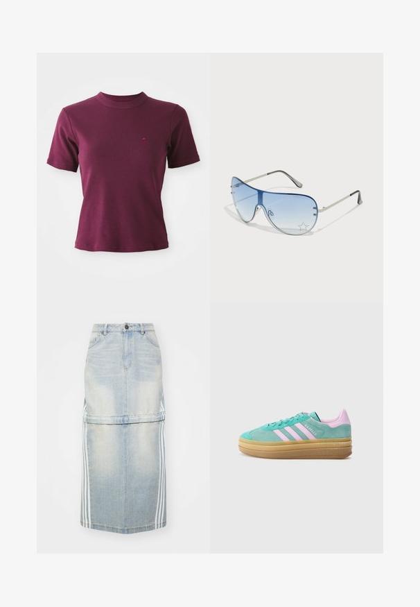 Short-sleeve ribbed burgundy T-shirt with crew neck and subtle embroidered logo on the left chest.; Denim midi skirt in light blue, featuring side stripes, a fitted waistband, and front pockets. Distressed texture adds detail.; adidas Originals GAZELLE BOLD - Trainers - powder teal/bliss lilac/pure teal; Aviator sunglasses featuring a gradient blue lens, silver metal frame, and decorative star accents on the lens. Smooth and sleek design.