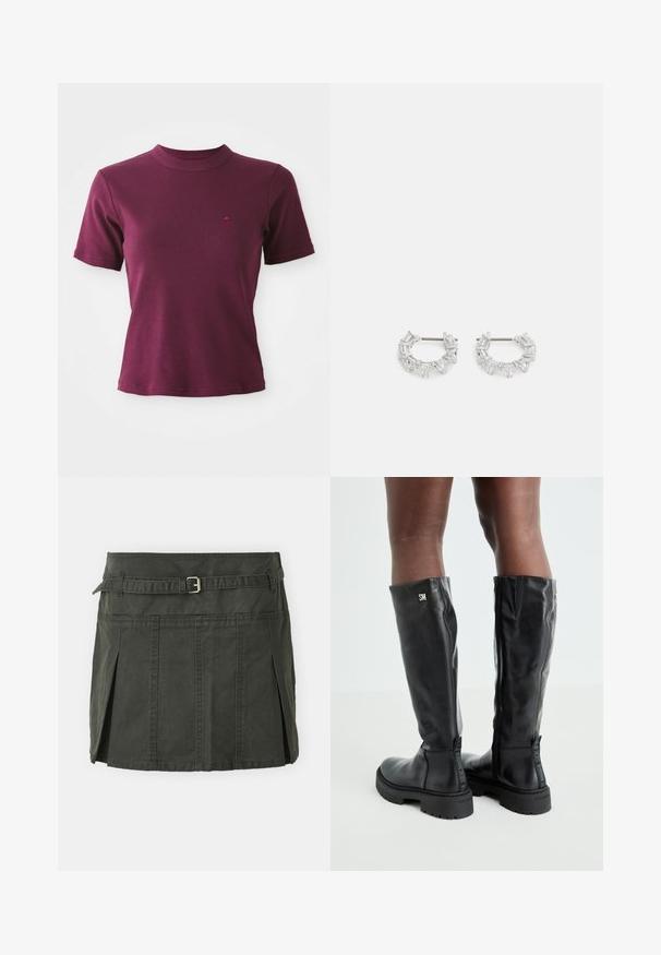 Short-sleeve ribbed burgundy T-shirt with crew neck and subtle embroidered logo on the left chest.; Dark green, cotton mini skirt with a fitted waist, a belt, and front pleats. Features stitching details and a classic cut.; Black knee-high leather boots with a smooth texture, rounded toe, chunky sole, and zipper closure. Features silver logo on the side.; Silver hoop earrings featuring clear, rectangular and triangular crystals arranged in a patterned design. Posts for secure fastening.