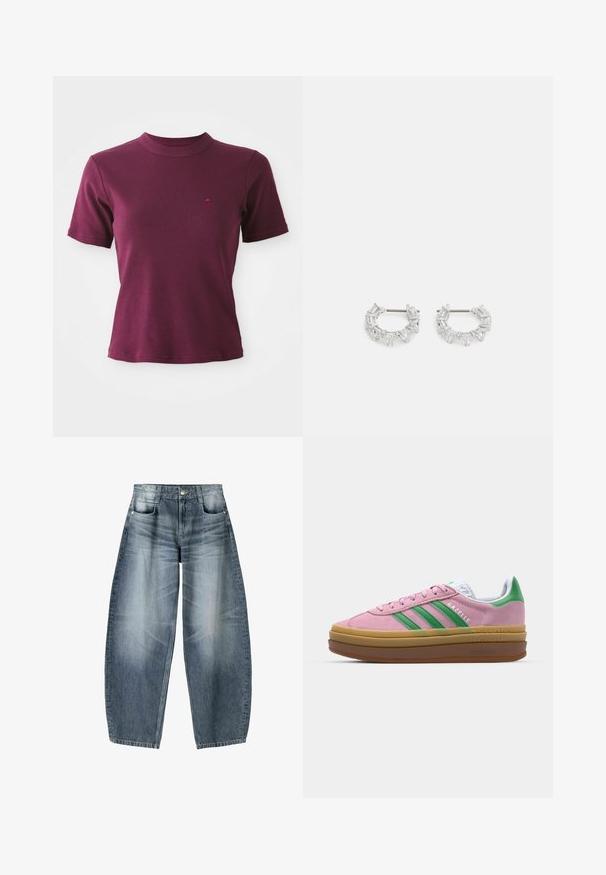 Majica kratkih rukava u rebrastoj teksturi boje burgundac s okruglim izrezom i suptilno izvezenim logotipom na lijevoj strani prsnog koša.; Široke traperice od svijetloplavog denima s izblijedjelim dijelovima, s dizajnom od pet džepova, zakopčavanjem na dugme i minimalnim detaljima šavova.; Roze suede tenisice s zelenim trakama, bijelim detaljima i smešnim gumiranim potplatima. Imaju teksturirani materijal i logo detalje sa strane.; Srebrne naušnice s okruglom petljom koje sadrže prozirne, pravokutne i trokutaste kristale raspoređene u uzorak. Kopče za sigurno pričvršćivanje.