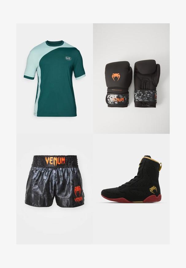 Kortslepet sports t-skjorte i mørk teal og lys mint, med en buet fargeblokkdesign og en logo på brystet. Laget av pustende stoff.; Svart sateng bokseshorts med kamuflasjemønster, med elastisk midje og lys orange "VENUM"-logo på fronten.; Høy topp idrettssko med svart mesh og syntetisk materiale, teksturerte detaljer, rød gummisåle og gullfarge på ankelen.; Svarte boksinghansker med matt finish og ergonomisk design. Oransje logo-detaljer og håndleddsstropper med kamuflasjemønster.