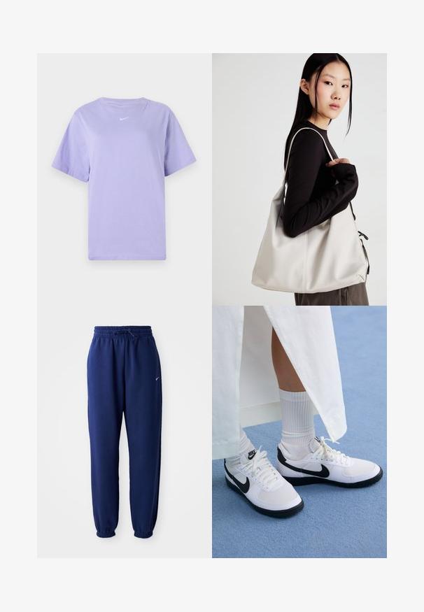 Lila pamut póló kerek nyakkal, rövid ujjakkal és egy kis fehér logóval a mellrészen. Sima tapintású, laza szabású.; Navy kék sportnadrág puha anyagból, elasztikus derékpánttal és zsinórral, elasztikus mandzsettákkal és egy kis fehér logóval.; Fehér Nike sportcipők fekete kiegészítőkkel, sima bőrből készült felsőrésszel, fehér cipőfűzőkkel és strapabíró gumitalppal, fehér bordás zoknival párosítva.; Puha anyagból készült bézs kézitáska, laza dizájnnal, varrott részletekkel és két vállpánttal. Mindennapi használatra alkalmas.