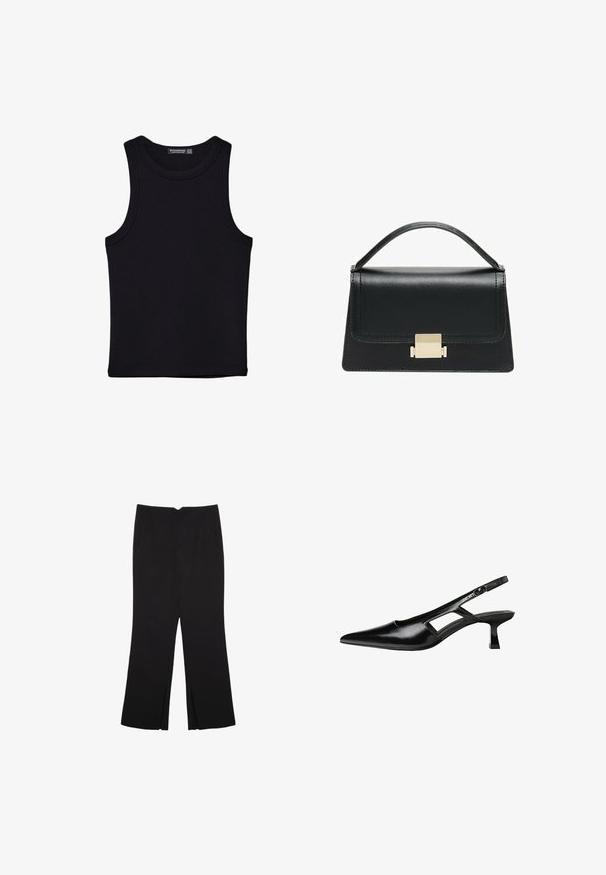Sort tank top lavet af bomuld, med rund halsudskæring og brede armhuller. Glat tekstur med syede kanter. Klassisk, minimalistisk design.; Sorte bukser med lige pasform, der har frontlommer og slidser i kanten. Lavet af blødt, glat stof. Velegnet til forskellige anledninger.; Sorte patentlæder slingback hæle med spids tå, udskåret sideskærm og en lille firkantet hæl. Glat tekstur med minimale detaljer.; Sort læderhandtaske med et struktureret design, topbærerhåndtag og en detalje i guldfarvet metalklap på fronten. Glat tekstur, minimal syning.