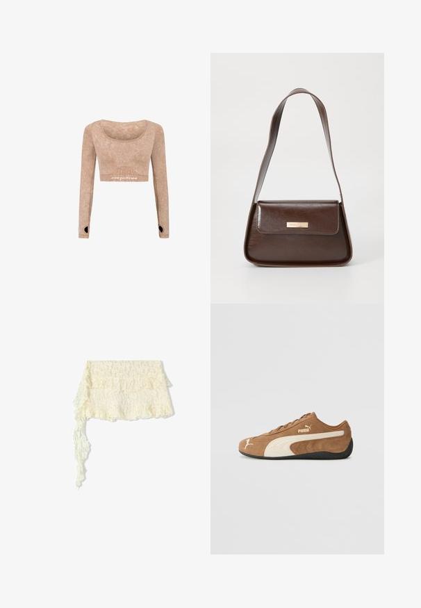 Langwerpige, cropped top met lange mouwen in lichtbruin, gemaakt van zachte stof met een gladde textuur; heeft een ronde halslijn en duimgaten in de mouwen.; Ivoor kanten omslagdoek met gerafelde randen; bevat ingewikkelde bloemmotieven; stroomt elegant met een lange, slepende uiteinde.; Bruine suède low-top sneakers met crèmekleurige accenten, een gestructureerd oppervlak, een zwarte rubberen zool en een geborduurd logo aan de zijkant en op de tong.; Bruine leren schoudertas met een gestructureerde vorm, voorzien van een magnetische klepsluiting en een metallic logoaccent aan de voorkant.