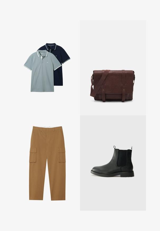Dwie koszulki polo: jedna jasnoszara, druga granatowa. Obie posiadają kontrastowe białe wykończenia na kołnierzyku i rękawach, z subtelną teksturą.; Brązowe spodnie cargo z dwoma bocznymi kieszeniami, gładkim przodem i prostą nogawką. Wykonane z trwałego materiału o gładkiej fakturze.; Czarne skórzane botki typu chelsea z elastycznymi panelami bocznymi, uchwytami, okrągłym noskiem i teksturowaną gumową podeszwą. Gładka powierzchnia i solidna konstrukcja.; Brązowa skórzana torba na ramię z płaskim klapem z przodu, dwoma paskami, złotymi akcentami oraz regulowanym paskiem na ramię.