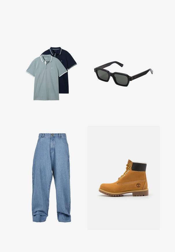 Dwie koszulki polo: jedna jasnoszara, druga granatowa. Obie posiadają kontrastowe białe wykończenia na kołnierzyku i rękawach, z subtelną teksturą.; Jasnoniebieskie dżinsowe spodnie o luźnym kroju, z zapięciem na guziki, przednimi kieszeniami i mankietami, charakteryzujące się klasycznym pięciokieszeniowym stylem.; Brązowy skórzany but za kostkę z metalowymi oczkami, białym futerkiem w środku, czarnym wyściółką, solidną podeszwą i wytłoczonym logo po boku.; Czarne, kwadratowe okulary przeciwsłoneczne z szarymi soczewkami. Grube plastikowe oprawki mają złote akcenty i logo na skroni. Gładka tekstura.