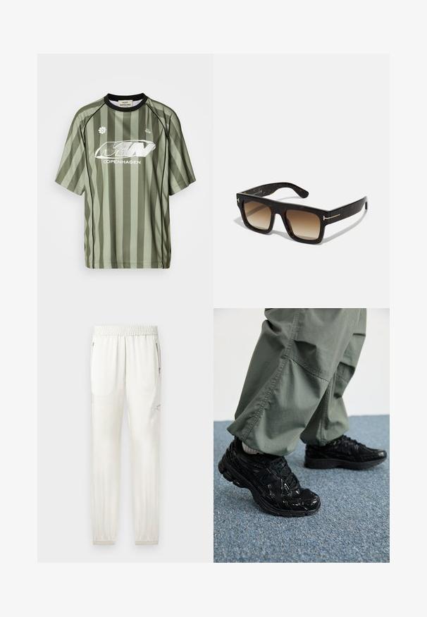 Zaļš svītrots sporta krekls ar īsām piedurknēm, ar melnu apkakli un baltu logotipu, izgatavots no gludas, elpojošas auduma.; Gaiši krēmveidīgi treniņbikses ar elastīgu jostu, sašaurinātiem stāviem, sānu kabatām un ar rāvējslēdzēju aksesuāriem. Gluda, nedaudz spīdīga auduma apdare.; Melni sporta apavi ar spīdīgu un sieta tekstūru, ar biezu zoli un auklām, kombinēti ar brīvām olīvzaļām kravas biksēm.; Rūtainas saulesbrilles ar kvadrātveida rāmi, ar pārejo brūno stiklu un smalkām zelta aksesuāriem uz tempļiem.; Brūna zamšāda mīksta rokassoma ar divām mīkstām rokturēm, vertikālu siksnu ar sudraba akcentu un plašu atvērtu augšu. Gluda tekstūra, minimālisma dizains.