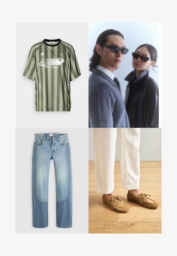 Green striped sports jersey with short sleeves, featuring a black neckline and a white logo, made of smooth, breathable fabric.; Light blue denim jeans with a straight, loose fit, featuring contrasting panel details and a five-pocket design. Button fly closure.; Brown suede boat shoes with laces, featuring a rounded toe and stitched accents. Worn with white corduroy pants in a wooden setting.; Sunglasses with angular black frames on model with a gray sweater, showcasing textured knit and a black leather jacket worn by another model.