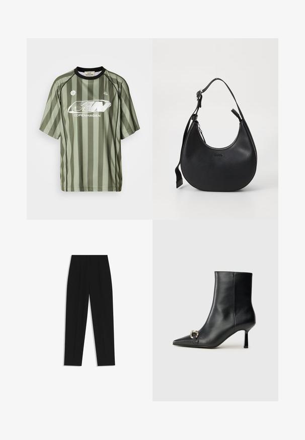 Vihreä raidallinen urheilupaita lyhyillä hihoilla, mustalla kaula-aukolla ja valkoisella logolla, valmistettu sileästä, hengittävästä kankaasta.; Mustat housut suoran istuvuuden kanssa, joissa on kaksinkertaiset laskokset, sileä pinta ja klassinen vyötärönauhan muotoilu. Ei näkyviä metalliosia tai koristeita.; Musta nahkasaapas nilkkapituisilla, terävillä kärjillä, hoikalla keskipituisella korolla ja hopeavöillä sivussa yksinkertaista taustaa vasten.; Mustankasesta olkalaukusta, jossa on kaareva muoto, vetoketjukiinnitys ja säädettävä olkahihna. Etupuolella on kohokuvioitu brändilogon.