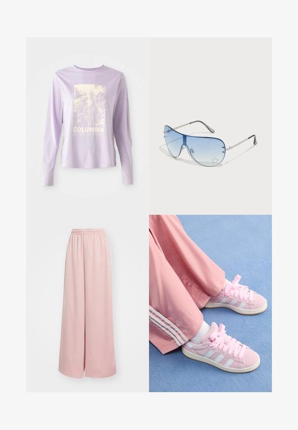 Ljubičasta košulja s dugim rukavima s grafikom šume i tekstom "COLUMBIA SPORTSWEAR" u bijeloj boji. Izrađena od mekog materijala s opuštenim krojem.; Svijetloružične hlače širokih nogavica s elastičnom pasicom. Gladak materijal s bočnim džepovima i suptilnim logotipom na lijevoj nogavici.; Roze atletske tenisice s svijetloplavim prugama, okrugli vrh i debele roze vezice, u kombinaciji s roze trenirkama koje imaju bijele bočne pruge.; Naočale tipa avijatičar s gradijentnim plavim staklima, okvirom od srebrnog metala i dekorativnim zvjezdastim naglascima na staklima. Glatki i elegantni dizajn.