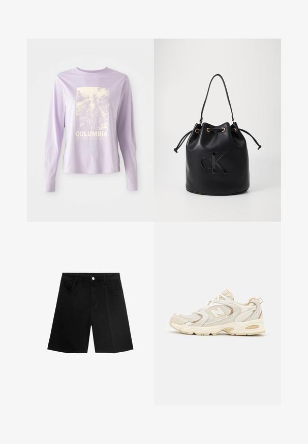 Fialová košeľa s dlhým rukávom s grafickým motívom lesa a textom "COLUMBIA SPORTSWEAR" v bielej farbe. Vyrobená z jemného materiálu s voľným strihom.; Čierne džínsy s rovnými nohavicami, piatimi vreckami a strieborným gombíkom na zapínanie. Hladká textura s minimálnymi detailmi šitia.; Bežové športové topánky s sieťovinou a syntetickými prekrytiami, s textúrovaným povrchom, polstrovaným golierom a odpružením "ABZORB" na päte.; Čierna kožená vedierková taška so sťahovacím uzáverom, so lesklým logom "CK" na prednej strane a zlatými kovovými detailmi.