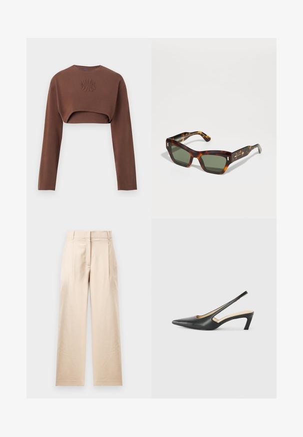 Ruda trumpa džemperio su ilgomis rankovėmis, apvaliu kaklu ir tekstūruota detale priekyje. Pagamintas iš minkštos medžiagos.; Smėliniai kelnių pagaminti iš lygios medžiagos. Turi tiesią pynimą, plokščią priekį ir dvi raukšles. Nėra matomų raštų ar metalinių detalių.; Juodas smailus slingback batelis su žemu kulnu, pagamintas iš lygaus odos paviršiaus ir su išpjovomis šone, užtikrinančiomis oro pralaidumą.; Tortoiso akinių saulės akiniai su stačiakampiais žaliais objektyvais. Storas rėmas su auksinėmis detalėmis ant šventyklų. Lygus paviršius ir kampuotas dizainas.