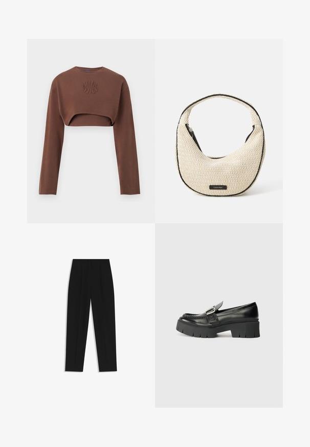 Brown cropped sweatshirt features long sleeves, a round neckline, and a textured detail on the front. Made from soft fabric.; Black trousers with a straight fit, featuring double pleats, a smooth texture, and a classic waistband design. No visible hardware or accents.; Black leather loafers with a chunky rubber sole. Features a buckle accent and stitched detailing along the upper. Flat heel.; Beige woven shoulder bag with a curved shape and black trim. Features a top zipper closure and a logo patch on the front.