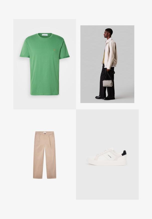 Les Deux NØRREGAARD SEASONAL - T-shirt básica - vintage green/orange; Calças caqui em algodão com um design de perna reta, apresentando dois bolsos frontais, fecho com botão e um ajuste clássico.; Sapatilhas brancas com detalhes em rosa claro e preto, apresentando painéis de couro liso e camurça, biqueira redonda e sola de borracha plana.; Casaco bege claro com bainha elástica, combinado com uma camisa verde e calças pretas. A portar uma pequena mala cinza a tiracolo. Sapatos pretos.