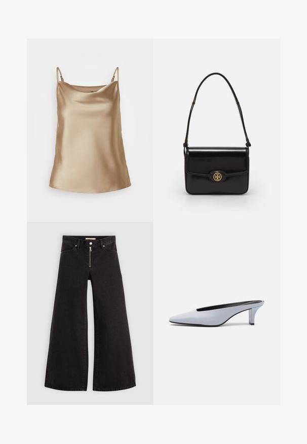 Satinlinne i ljusbeige med tunna axelband och en mjukt draperad halsringning, med en slät och glänsande yta.; Breda jeans i svart denim med dragkedja fram, femfickorsdesign och subtila sömdetaljer. Slät textur och avslappnad stil.; Ljusblått lackläder-mule med spetsig tå, låg genomskinlig klack och en elegant design med ett uttag vid framfoten.; Svart läderhandväska med rektangulär form, guldfärgade detaljer, en framficka och en cirkulär logotypdekoration. Har ett justerbart axelband.