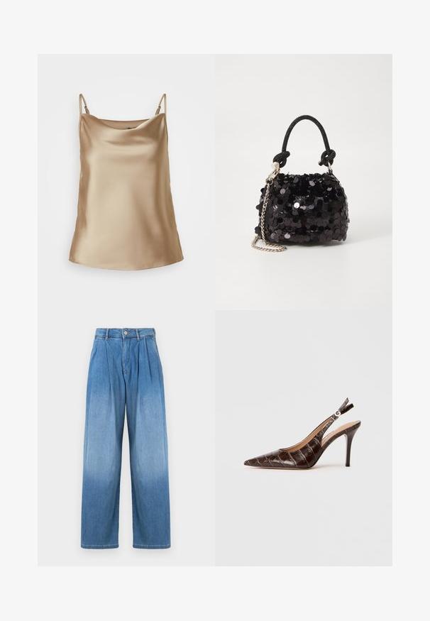 Satin cami i lys beige med tynne skulderstropper og en mykt drapert utringning, med en glatt og glansfull tekstur.; Lyseblå denimbukser med høy livhøyde, avslappet vide ben og frontfolder. Har knapp- og glidelås-lukking.; Brune, krokodilleskinn-embossed slingback pumpe med spiss tå, åpne sider og en tynn høy hæl. Designet med en spennejustering.; Svart paljettmini-veske med en knyttet teksturert stropp og sølvkjede. Rund form med samlet topp og reflekterende detaljer.