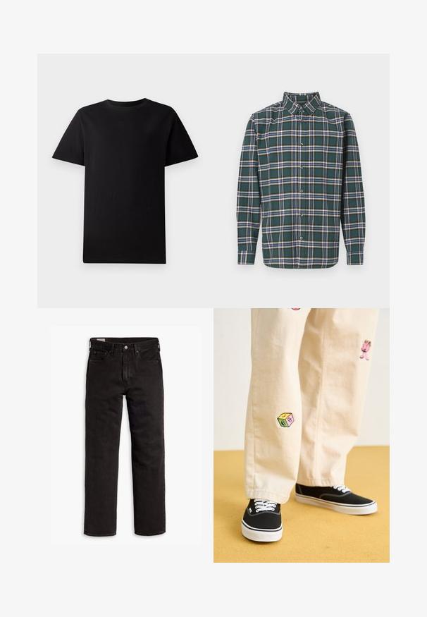 Jednoduché čierne tričko s krátkym rukávom a okrúhlym výstrihom vyrobené z bavlny, položené na bielom pozadí.; Zelená flanelová košeľa s károvaným vzorom, ktorá obsahuje modré, biele a horčicovo žlté pruhy. Zapínanie na gombíky vpredu a špičatý golier. Dlhé rukávy.; Čierne džínsy s rovnými nohavicami, s piatimi vreckami, s rozopínaním na gombík a pútkami na opasok, položené na bielom pozadí.; Béžové bavlnené nohavice s hravými vyšívanými vzormi vrátane ružovej postavy a farebného bloku, skombinované s čiernymi šnurovacími teniskami.