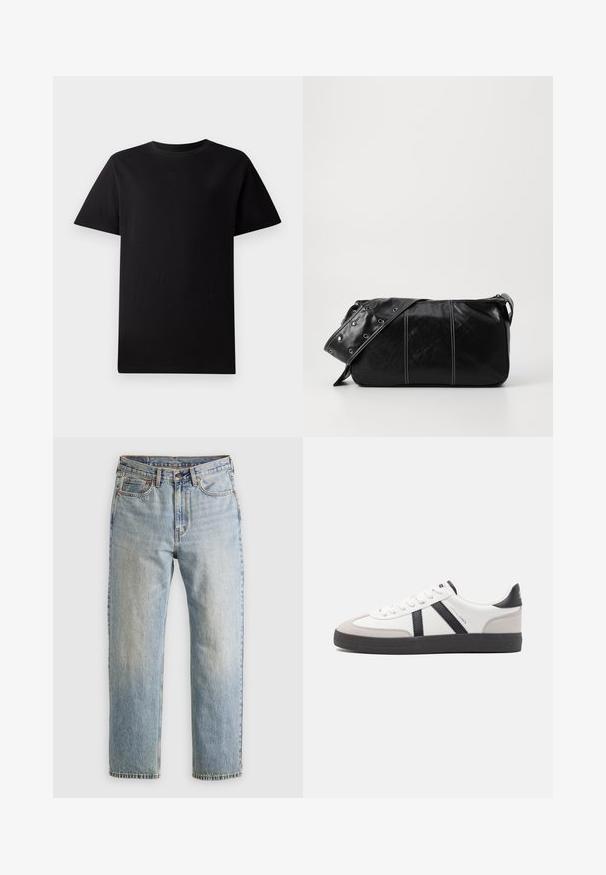 Camiseta de algodón negra de manga corta y cuello redondo, colocada plana sobre un fondo blanco.; Jeans de mezclilla azul claro de cintura alta, con botón frontal, cremallera y diseño de cinco bolsillos, dispuestos sobre un fondo neutro.; Zapatilla blanca con acentos en negro y gris, que presenta una puntera texturizada en gris, suela de goma negra y cordones planos blancos. Diseño limpio, estilo minimalista.; Bolso de hombro de cuero negro con cierre de cremallera, que presenta un cuerpo texturizado, costuras blancas y una correa con ojales plateados.