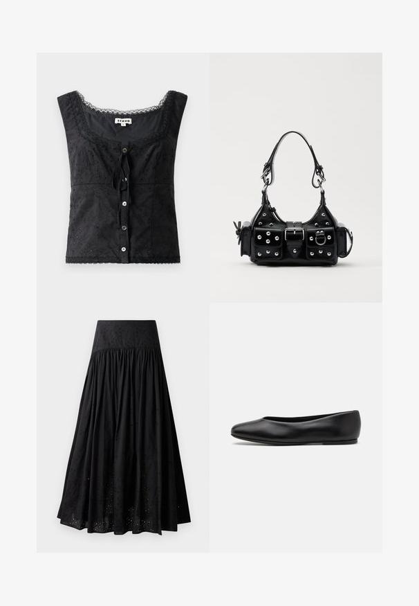 Schwarzes ärmelloses Oberteil mit floralem Stickmuster, rundem Halsausschnitt, Knopfverschluss und Spitzenverzierungen. Es verfügt über eine Schleife an der Vorderseite.; Schwarzer Maxirock aus Baumwolle mit besticktem Taillenbund. Mit gerafftem Stoff und durchbrochener Detailgestaltung am Saum.; Paul Smith TOPANGA - Klassischer Ballerina - black; Schwarze Lederhandtasche mit einem geschwungenen Design, verziert mit silbernen Nieten, einer Schnalle und zwei seitlichen Taschen. Verstellbarer Träger für verschiedene Tragemöglichkeiten.