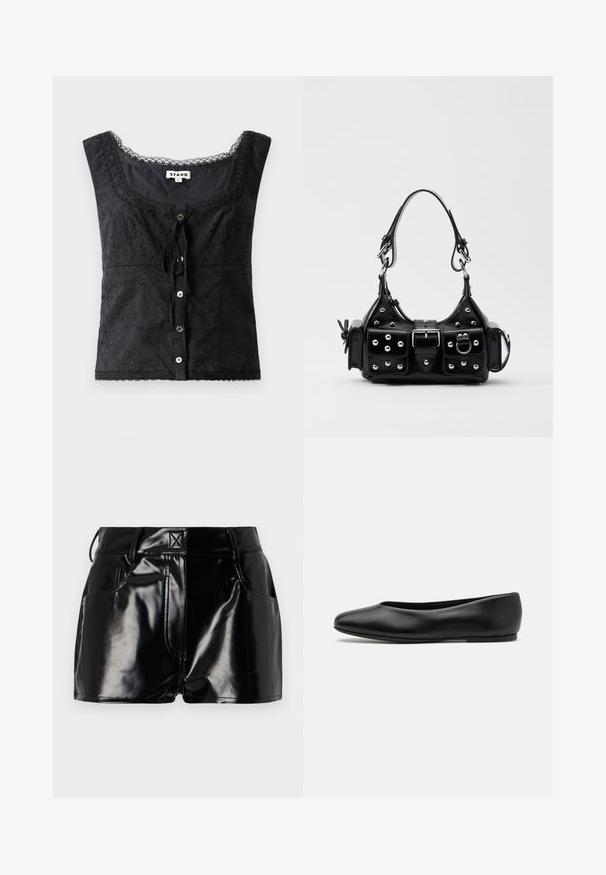 Top sin mangas negro con bordado floral, escote redondeado, cierre de botones y detalles de encaje. Presenta un lazo en la parte delantera.; Shorts negros y brillantes de material sintético. Presentan una cintura ajustada, trabillas para el cinturón y bolsillos frontales con detalles de costura prominentes.; Paul Smith TOPANGA - Bailarinas - black; Bolso de mano de cuero negro con un diseño curvado, que cuenta con tachuelas plateadas, una hebilla y dos bolsillos laterales. Correa ajustable para opciones de transporte.