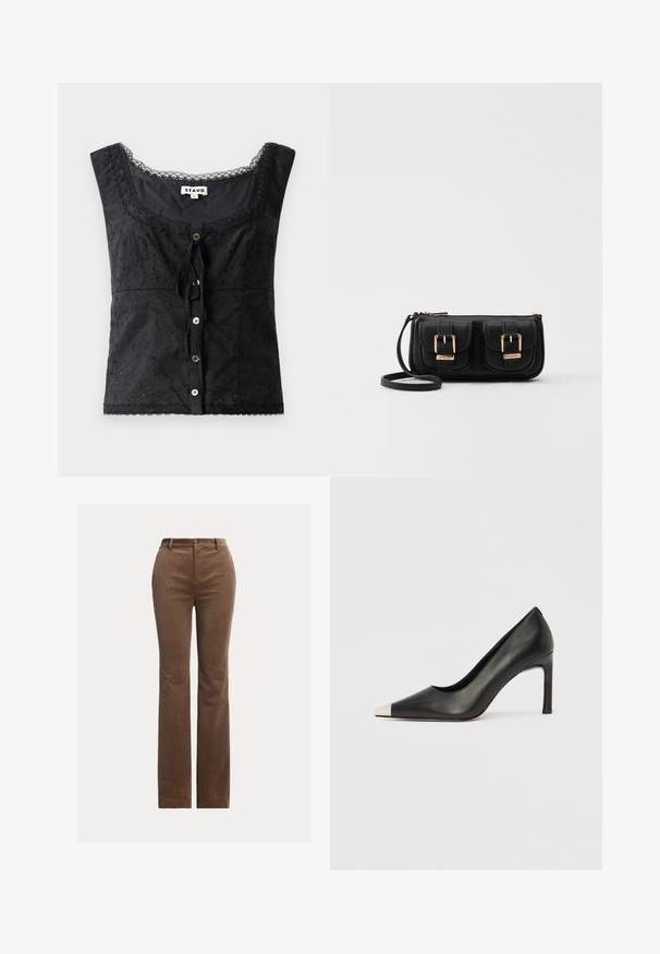 Sort ærmeløs top med blomsterbroderi, scoop halsudskæring, knaplukning og blondertrim detaljer. Har et bånd fortil.; Brune kordfløje bukser med lige ben design, der har bæltestropper, forkert lommer og subtil vertikal ribbning for tekstur.; Sort læder højhælet sko med spids tå og metal-sølv hætte. Har en glat finish og en slank hæl på 10 cm.; Sort læder crossbody taske med to frontlommer, guldspænder, lynlåslukning og en slank rem. Struktureret overflade og kompakt rektangulær form.