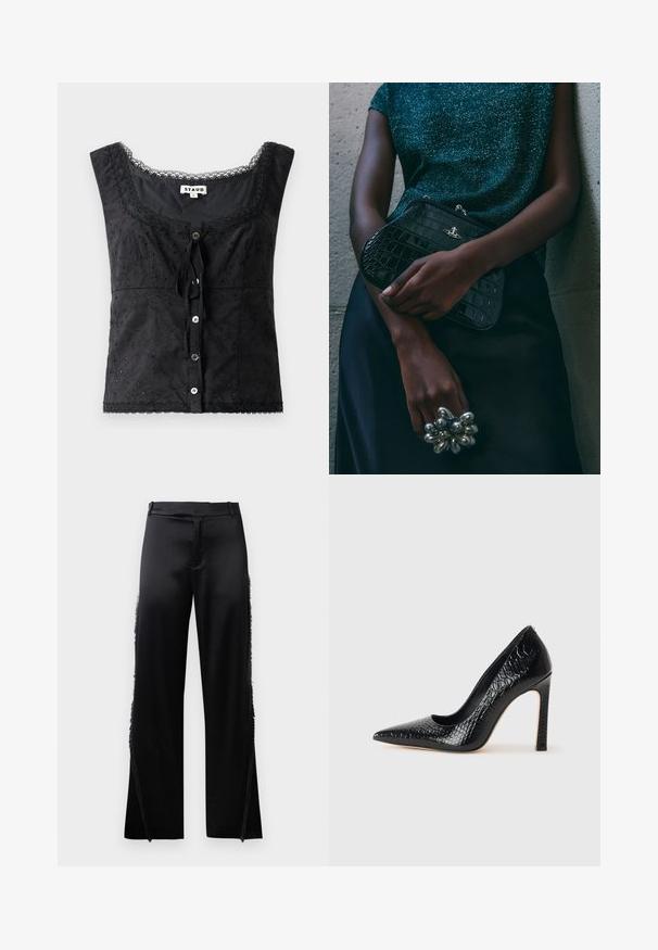 Musthave mustata seljataguste ja lilleline tikand, ümar kaelus, nupuga kinniti ja pitsi detailid. Esiforras on lips.; Mustad satiinpüksid laia säärega, mille külgseintel on fruuride detailid ja lame talje. Seljaosa on lihtne, ilma taskuteta.; Mustan teravaotsaga kõrge kontsaga king, millel on krokodillimustriga tekstuur, stiilne disain, kõrge stilettokonts ja sile must sisesisustus.; Must musta tihe-must reptiili nahast pidulik kott hõbedaste detailidega, mille taustal on tekstuuriline hall taust. Omab läikivat pinda.