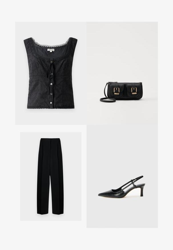 Fekete ujjatlan felső virágmotívummal, kerek nyakkivágással, gombos záródással és csipke díszítéssel. Elöl megkötős rész található.; Fekete, széles szárú nadrág magas derékkal, redők és sima textúra jellemzi. Az anyag könnyűnek tűnik és elegánsan hullámzik.; Fekete lakk slingback sarok, hegyes orral, texturált kígyómintával, állítható pánttal és rövid, texturált tömbsarkal.; Fekete bőr keresztbody táska két elülső zsebbel, arany csattokkal, cipzáras záródással és vékony pánttal. Textúrált felület és kompakt téglalap alak.