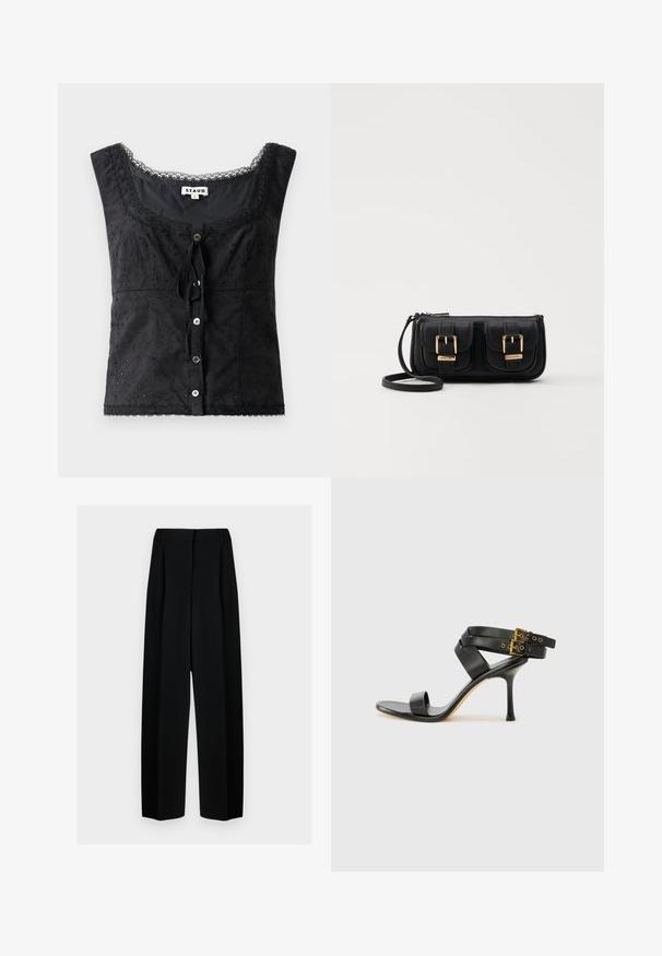 Top senza maniche nero con ricami floreali, scollatura a giro, chiusura con bottoni e dettagli in pizzo. Presenta un fiocco sul davanti.; Pantaloni neri a gamba larga con vita alta, dotati di pieghe e una texture liscia. Il tessuto sembra leggero e si drappeggia in modo elegante.; Sandal nero con tacco a spillo, straps incrociati e fibbia regolabile. Presenta una texture liscia e un tacco affusolato.; Borsa a tracolla nera in pelle con due tasche frontali, fibbie dorate, chiusura con zip e una tracolla sottile. Superficie texturizzata e forma rettangolare compatta.