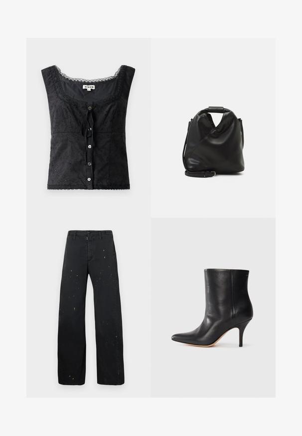 Musthave mustata seljataguste ja lilleline tikand, ümar kaelus, nupuga kinniti ja pitsi detailid. Esiforras on lips.; MM6 Maison Margiela PANTS - Avar lõikega teksad - black; Must musta jalatsid terava ninaga, õhukese stiletto kontsaga ja siledast nahast. Minimalistlik disain ilma nähtava riistvarata või aksessuaarideta.; Must ja pehme nahast kott, millel on unikaalne keerdkujuline disain. Omab lühikest kätset ja eemaldatavat õlarihma. Minimalistlik stiil.