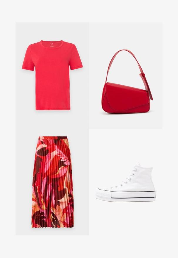 Piros, rövid ujjú pamut póló. Klasszikus kerek nyakkivágással és egyszerű mintázattal, díszítés vagy minták nélkül.; Virágmintás blúz hosszú puffos ujjakkal, világos krém alapon, lila, narancs és zöld virágmintázattal, klasszikus gallér dizájnnal.; Red, rózsaszín és barna virágmintás, pliszírozott maxi szoknya. Az elasztikus derékpánt és a sima textúra növeli a kényelmet és a stílust.; Fehér magaskorsó vászon sportcipő fekete gumi talppal, elülső gumi orrnyereggel és hat fűzőlyukkal, letisztult, minimalista dizájnnal.; Piros bőr kézitáska szögletes, geometrikus kialakítással. Egy állítható pánttal és varrott részletekkel ellátott fedélzárral rendelkezik.
