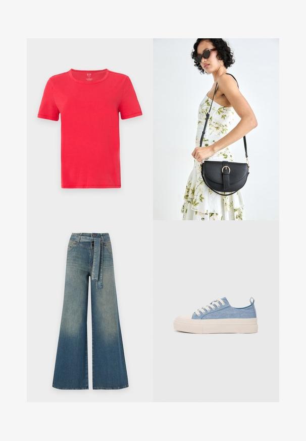 Rød kortermet t-skjorte laget av bomull. Har en klassisk rund hals og enkelt design uten mønstre eller aksenter.; Bredde ben jeans med en lyseblå til mørkeblå gradient, høyt liv, beltehemper og et matchende belte i samme stoff. Teksturert denimoverflate.; Lys blå canvastøfler med en kremfarget gummitupp og yttersåle, med hvite snørebånd og en løfteløkke på hælen.; Svart lærveske med en buet form, avtagbar stropp og gullbeslag. Vesken har et klaff med spenne-detall.