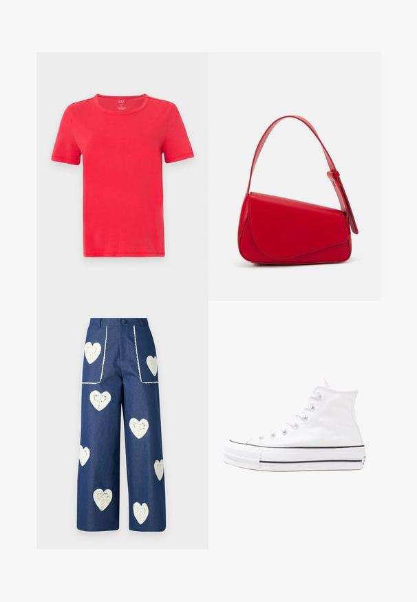 Červené krátkorpavé tričko vyrobené z bavlny. Obsahuje klasický okrúhly výstrih a jednoduchý dizajn bez vzorov alebo akcentov.; Sister Jane HEART TO HEART - Džínsy s rovným strihom - blue denim; Biele vysoké plátené tenisky s čiernou gumovou podošvou, prednou gumovou špičkou a šiestimi okami na šnúrky, s čistým, minimalistickým dizajnom.; Červená kožená kabelka s ostrým, geometrickým dizajnom. Má jeden nastaviteľný popruh a uzatváranie na klopu so šitím.