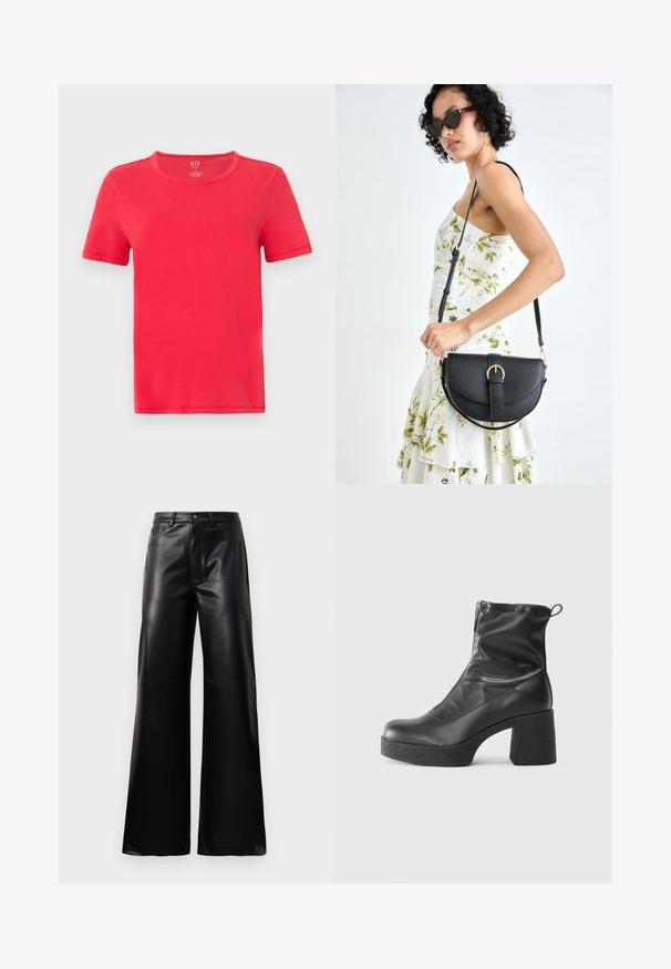 Piros, rövid ujjú pamut póló. Klasszikus kerek nyakkivágással és egyszerű mintázattal, díszítés vagy minták nélkül.; Fekete, magas derekú, széles lábú, műbőr nadrág elülső gombbal, cipzárral, övbújtatókkal és oldalsó zsebekkel, fehér háttérrel.; Fekete bokacsizmák sima bőrből, oldalsó cipzárral, vastag, texturált sarkú és lekerekített orrú dizájnnal.; Fekete bőrtáska ívelt formával, levehető pánttal és arany színű fémrészekkel. A táskán egy csattal díszített fedél található.