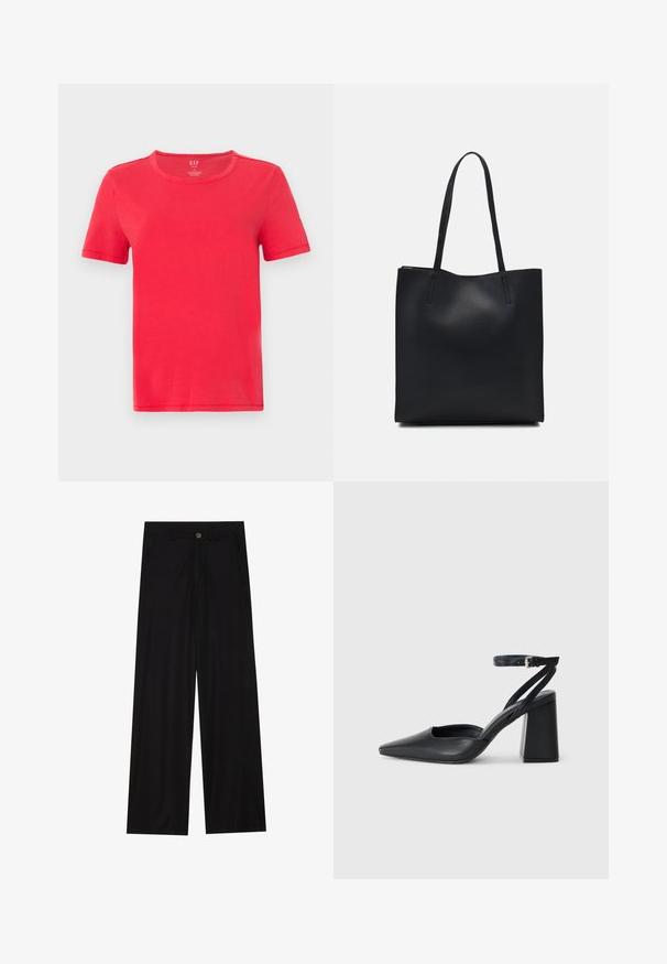 Rød kortærmet t-shirt lavet af bomuld. Har en klassisk rund hals og et simpelt design uden mønstre eller accenter.; Bredde ben sorte bukser lavet af et glat stof, med forlommer og knaplukning i taljen. Minimalistisk design uden mønstre.; Sort læder spidse pumps med ankelrem og en chunky hæl. Flad tekstur, slankt design og minimalistisk æstetik.; Sort læder tote taske med glat tekstur, rektangulær form og to lange hanke. Ingen synlig hardware eller udsmykninger.