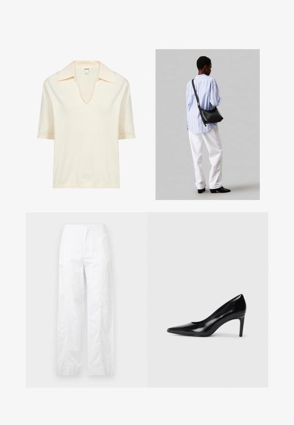 Kreemivärvi lühikeste varrukatega polo särk, mis on valmistatud pehmest materjalist, omades V-kaelust ja kerget soonikstruktuuri krael ja äärel.; Valged laiad püksid, mis on valmistatud kergetest materjalidest, omades siledat tekstuuri, puhtaid jooni ja kõrget vöökohta.; Mustmust musta kõrge kontsaga king, millel on terav varvas, sile tekstuur ja kitsenev konts. Minimalistlik disain, ilma täiendavate kaunistusteta.; Must have mustras alasi nahkpatsi, pehme tekstuuriga, kolmnurkse kujuga ja reguleeritava rihmaga, koos helesinise triibulise särgi ja valgete pükstega.