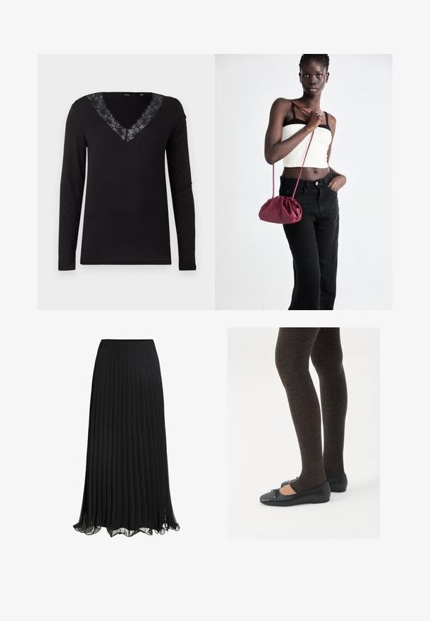 Must be strechiga musta V-kaelusega särk pikkade varrukatega, millel on lilleline pitsäär. Valmistatud sujuvast, elastse kangaga, millel on tavaline lõige.; Must mustriga mustritega maxi seelik, mis on valmistatud kergest kangast ja voolavast disainist. Omab volangiga äärt ja elastset vöökohta mugavuse tagamiseks.; Mustad mustad kingad väikese teksaga varvaste juures, koos tumedate pruunide ribakangastega. Kingadel on sile tekstuur ja madal profiil.; Burgundia pehmeast kangast käekott, millel on kokkuvõetud disain ja pikk rihm, kantud üle keha. Mudel kannab valget crop-topi ja musti teksaseid.
