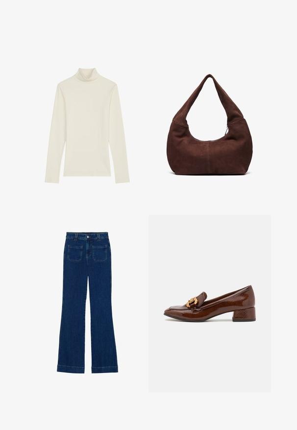 Marc O'Polo DENIM TURTLENECK - Langarmshirt - chalky sand; Dunkelblaue Denim-Jeans im Schlagstil mit glatter Textur, Fünf-Taschen-Design und einem Knopfverschluss an der Taille.; Braune Lederloafers mit glänzender Oberfläche, ausgestattet mit einer dekorativen goldenen Schnalle an der Vorderseite und einem niedrigen Blockabsatz. Klassisches Design.; Braune Wildleder-Hobo-Tasche mit einem gebogenen, breiten Griff und einer großen Öffnung. Weiche Textur mit sichtbaren abgesteppten Details entlang der Kanten.