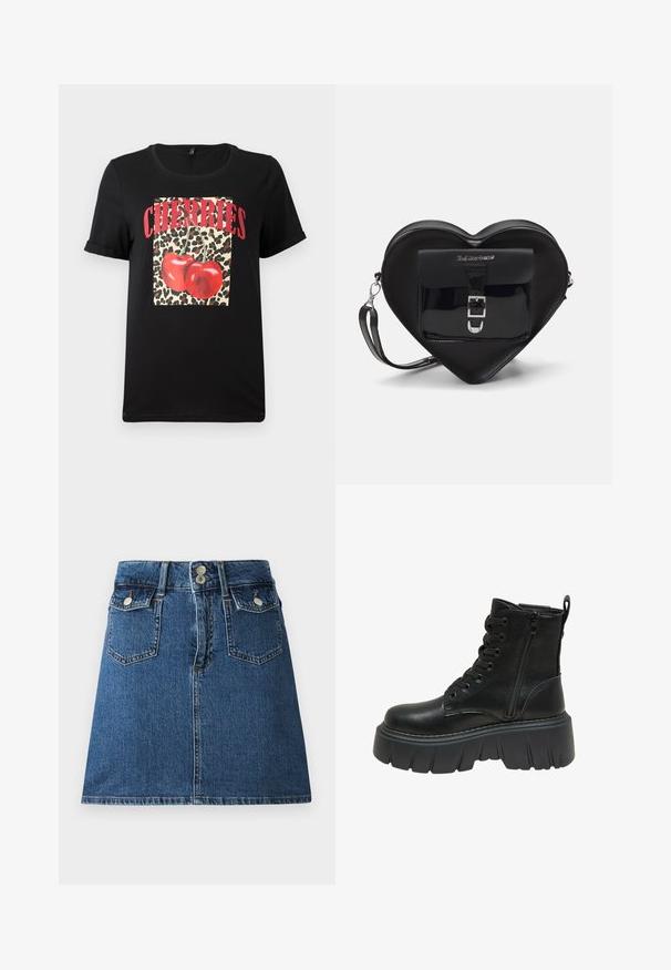 Black short-sleeve T-shirt featuring a leopard print square with red cherries and "CHERRIES" text in bold red letters. Smooth cotton fabric.; Denim skirt in deep blue, featuring a fitted waistband, two front pockets, two back pockets, and silver-tone button closures.; Black leather ankle boot with a thick platform sole, featuring a lace-up front and side zipper for easy wear. Textured detailing along the sole.; Black heart-shaped bag made of patent leather with a front pocket featuring a buckle closure and a detachable strap. Silver hardware accents.