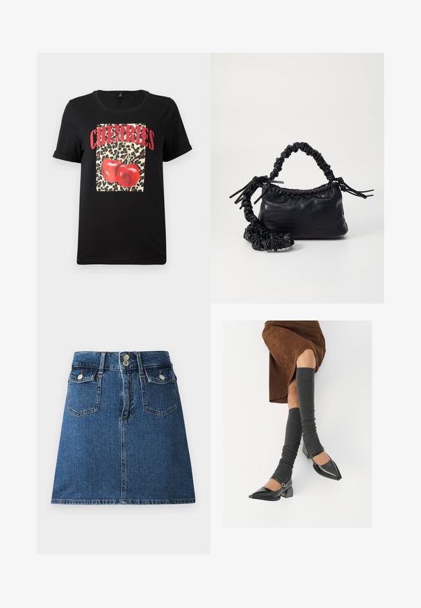 Crna kratka majica s kratkim rukavima koja prikazuje kvadrat s leopard uzorkom i crvenim trešnjama, uz natpis "TREŠNJE" ispisan velikim crvenim slovima. Glatka pamučna tkanina.; Traper suknja u tamnoplavoj boji, s uskim pojasom, dva prednja džepa, dva stražnja džepa i zatvaranjem na srebrne dugmadi.; Crne lakirane cipele s šiljastim prstima, blok-petom i remenom oko gležnja, uparene s sivim rebrastim čarapama do koljena i smešnom suknjom od antilopa.; Crna torba od umjetne kože s teksturom krokodila, s cinčanim vrhom i naboranom trakom. Izgleda mekano i kompaktno u dizajnu.