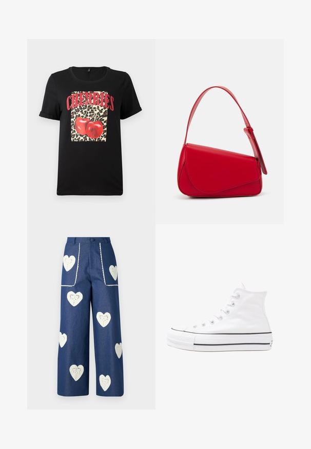 Camiseta negra de manga corta con un cuadrado de estampado de leopardo y cerezas rojas, y el texto "CHERRIES" en letras rojas en negrita. Tela de algodón suave.; Sister Jane HEART TO HEART - Vaqueros rectos - blue denim; Zapatilla de lona alta blanca con suela de goma negra, puntera de goma frontal y seis ojetes para los cordones, que presenta un diseño limpio y minimalista.; Bolso de cuero rojo con un diseño angular y geométrico. Cuenta con una única correa ajustable y un cierre de solapa con detalles de costura.