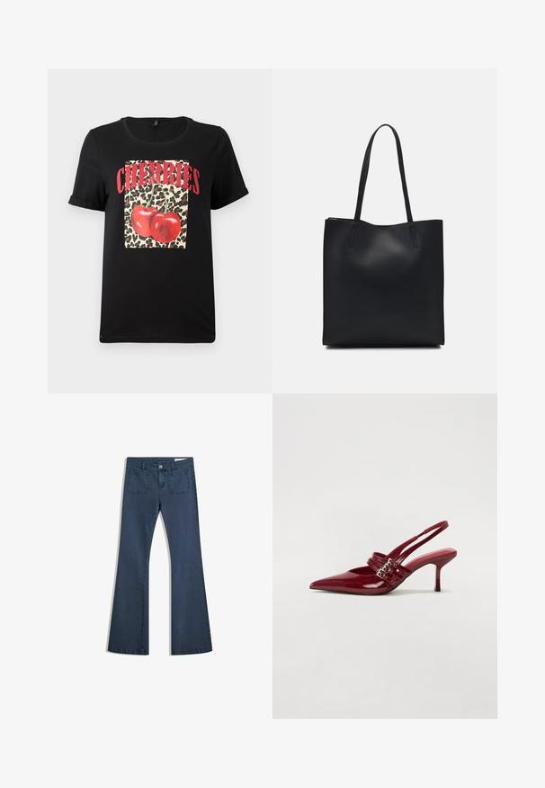 Fekete, rövid ujjú póló leopárdmintás négyzettel, piros cseresznyékkel és "CHERRIES" felirattal vastag piros betűkkel. Simító pamut anyag.; Sötétkék, bőszárú farmernadrág, varrott zsebekkel, gombos záródással és sima felülettel. Klasszikus ötpocket dizájnnal rendelkezik.; Piros lakkbőr slingback sarokcipő, hegyes orral, két csatoló pánttal és vékony, közepes magasságú stiletto sarokkal. Simább textúrájú.; Fekete bőrtáska sima felszínnel, téglalap alakú, két hosszú füllel. Nincs látható fémkiegészítő vagy díszítés.