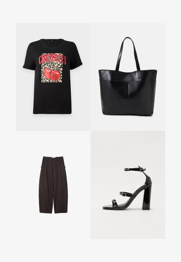 Čierne tričko s krátkym rukávom s leopardím vzorom a červenými čerešňami, pričom na ňom je vypísané slovo "CHERRIES" tučnými červenými písmenami. Hladká bavlnená tkanina.; Čierne široké nohavice vyrobené z hladkej tkaniny, s vysokým pásom, prednými skladmi a bočnými vreckami. Jednoduchý dizajn bez ozdôb.; Čierne lakované sandále na vysokom opätku s dvoma prackami, štvorcovou špičkou a hrubým blokovým opätkom, s hladkou, lesklou textúrou.; Čierna kožená tote taška s dvoma dlhými rúčkami, hladkým povrchom a štruktúrovaným tvarom. Obsahuje prednú kapsu pre dodatočné uskladnenie.