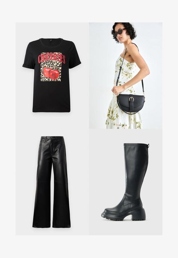 Sort T-shirt med korte ærmer, der har et leopardprint kvadrat med røde kirsebær og teksten "CHERRIES" i fede røde bogstaver. Glat bomuldsstof.; Sorte high-waisted bukser i bred ben i imiteret læder med forreste knap, lynlås, bæltestropper og sidelommer på hvid baggrund.; Høj sort læderstøvle med kraftig platformssål og blokhæl, med trækstrop og tekstureret sål.; Sort læderhåndtaske med en buet form, aftagelig rem og guldfinish. Tasken har en klap med en spænde detalje.