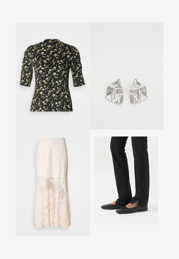 Lindex LORELAI - T-shirt print - off black; Kruidige kanten midi-jurk in crème; heeft een gelaagd ontwerp met doorschijnende secties, gestructureerd kant en een uitlopende zoom.; Zwarte leren balletschoenen met een puntige neus, bandje met een zilveren gesp, gecombineerd met zwarte nauwsluitende broek met een zijsplit.; Zilveren metalen oorbellen met een golvend, sculpturaal ontwerp, voorzien van een gepolijste afwerking en onregelmatige vormen, die een hedendaagse esthetiek benadrukken.